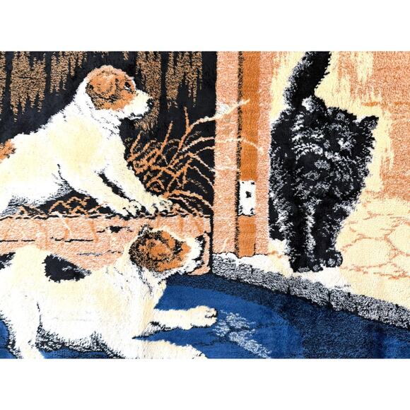 Vintage Tapestry 37 x 20 Cat Jack Russell Dog Puppies Plush Wall Hanging Rug - Picture 1 of 11